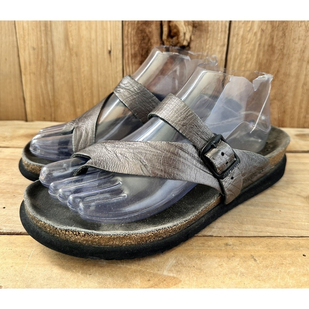 Mephisto Helen Sandals Metallic Leather Comfort Slides Womens 8 Silver Good